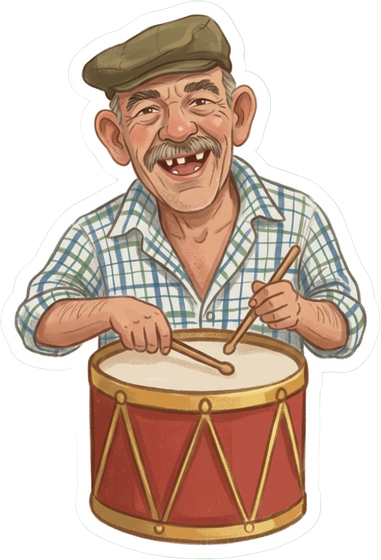 Painted into the card: Grandpa on the drum