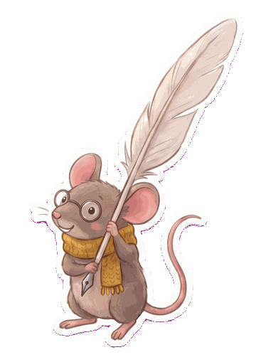 A mouse in spectacles holding a feather quill