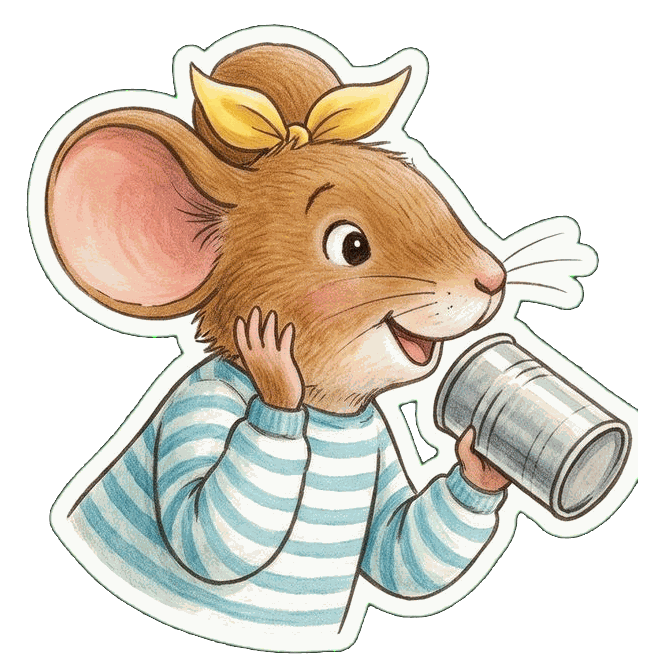 A honey-brown mouse in a striped top leaning out of her sunny window with a tin can