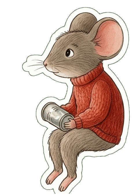 A grey mouse in a red jumper sitting on his window sill at dusk with a tin can